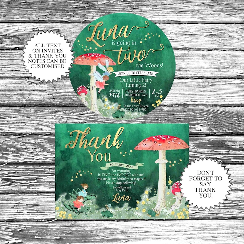 Op de afbeelding: Een groene en gouden bedankkaart met een illustratie van een fee en een paddenstoel. De kaart zegt "Dank Je" in gouden letters en "So Fairy Much" in kleinere letters. De tekst gaat verder: "Voor het avontuur in TWEE de BOS met mij! Je hebt mijn verjaardag zo magisch gemaakt! Blijf altijd geloven! Veel liefde en fee&euml;nstof, Luna".