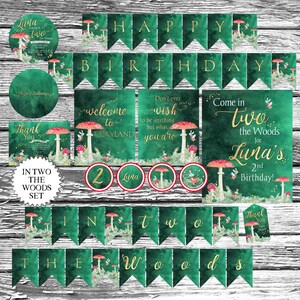 Op de afbeelding: Een set met printbare feestversiering voor een tweede verjaardag van een kind met een bosfee-thema. De versiering omvat een banner, een welkomstbord, bedankkaartjes en ronde labels. De versiering heeft een groen-gouden kleurenschema met illustraties van paddenstoelen, fee&euml;n en vlinders.