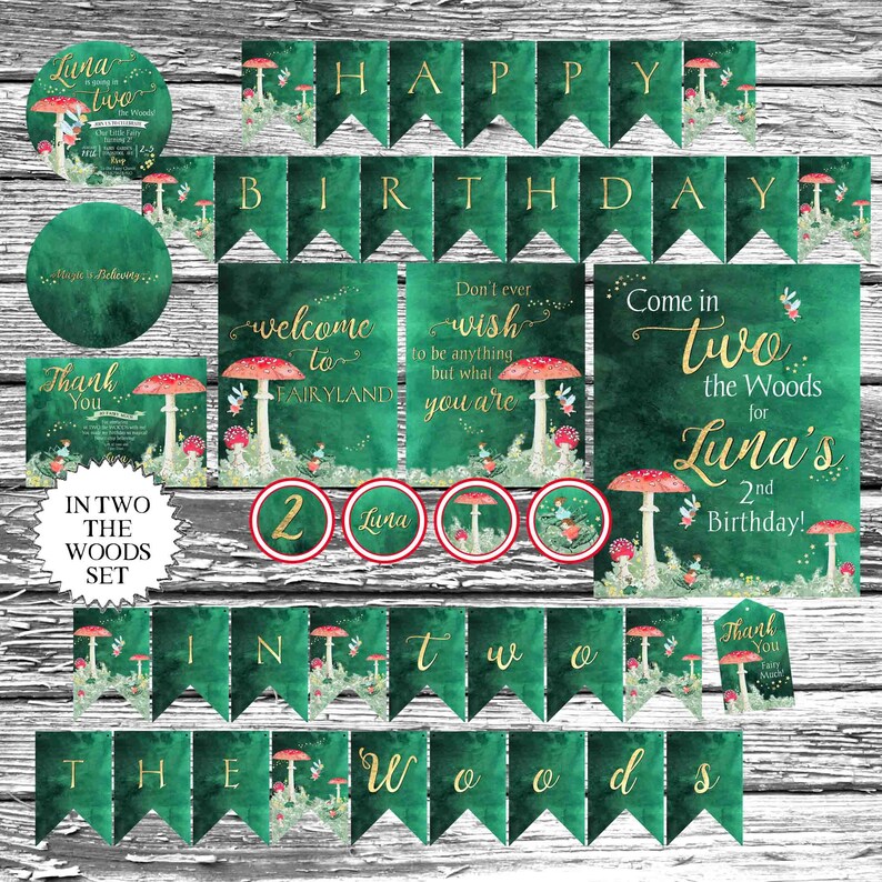 Op de afbeelding: Een set met printbare feestversiering voor een tweede verjaardag van een kind met een bosfee-thema. De versiering omvat een banner, een welkomstbord, bedankkaartjes en ronde labels. De versiering heeft een groen-gouden kleurenschema met illustraties van paddenstoelen, fee&euml;n en vlinders.