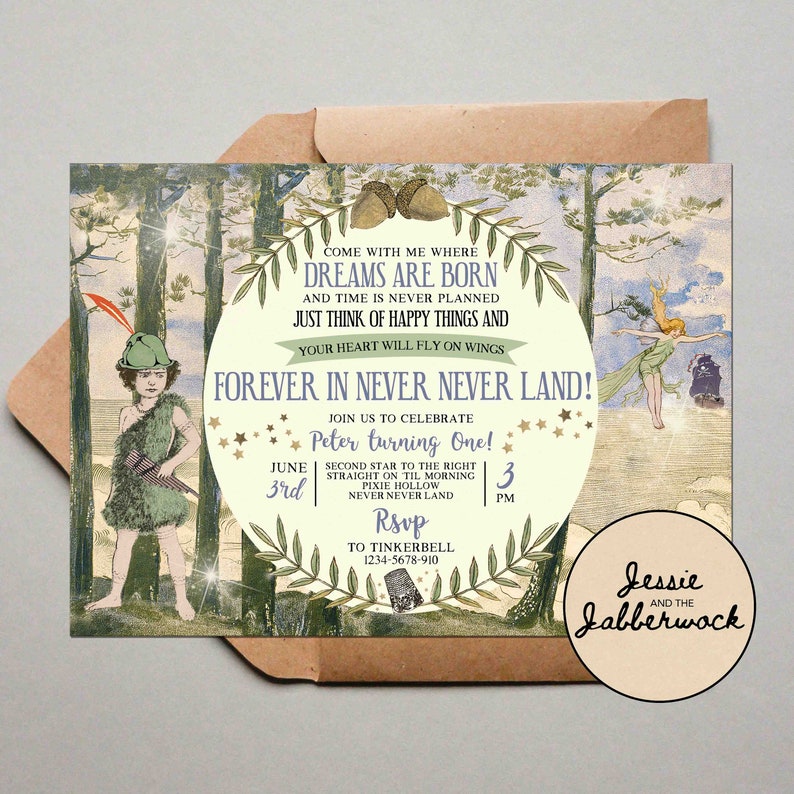 May include: A yellow and green invitation with a whimsical illustration of Peter Pan and Tinkerbell. The invitation reads "Come with me where dreams are born and time is never planned. Just think of happy things and your heart will fly on wings. Forever in Never Never Land!"  It also includes the text "June 3rd, 3 PM, Second star to the right, straight on til morning, Pixie Hollow, Never Never Land, RSVP to Tinkerbell 1234-5678-910, Jessie and the Jabberwock".