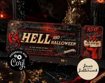 May include: A rectangular Halloween event ticket with a detachable RSVP section. The design features red and black tones, illustrations of red devils, and text reading: You have been summoned by the Devil, HELL AND CELEBRATE HALLOWEEN.