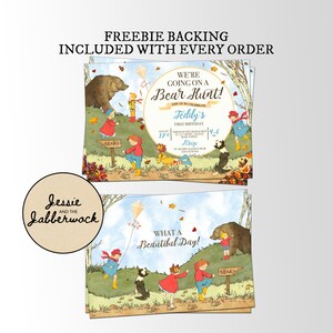 Peut inclure: Une invitation imprimable pour une f&ecirc;te de premier anniversaire sur le th&egrave;me de la for&ecirc;t. L'invitation repr&eacute;sente un ours, un cerf-volant et des enfants dans les bois. Le texte de l'invitation est "We're going on a Bear Hunt! Join us to celebrate Teddy's First Birthday."