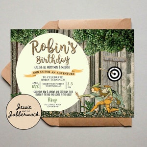 Robin Hood Invite, Adventure Forest Invitation, Archery Birthday, Bow and Arrow, Woodland party, Trees, Merry Men and Maidens