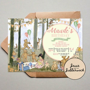Invito al picnic con orsacchiotti, invito nel bosco incantato, giardino estivo vintage, tea party con peluche rosa