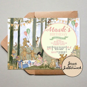 Teddy Bears Picnic Invite, Enchanted woodland invitation, Vintage Summer Garden, Pink dolly Teddy tea party