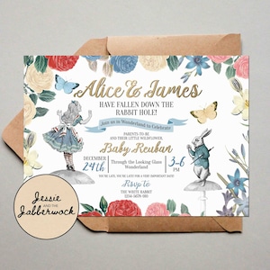 Alice nel Paese delle Meraviglie, Vintage Floral Baby Shower Invitation, Rustic Mad Hatter's Tea Party Invite, Down the Rabbit Hole