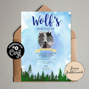 Wolf Invite Template | Join the pack and Get your Howl on | Woodland Forest Party Editable PNG Invitation | Wolves party | Fir Trees