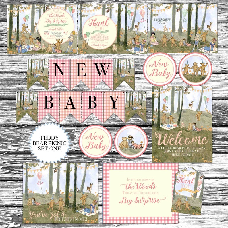 May include: A set of printable baby shower decorations featuring teddy bears in a woodland setting. The set includes a banner that says "NEW BABY", a welcome sign, a thank you sign, and several circular signs with the text "New Baby".