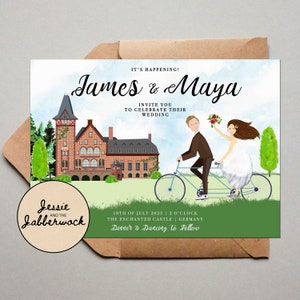 Personalised Couple Tandem & Wedding Venue Illustration Wedding Invites, Custom portrait drawing invitation, Personalized Save the Date