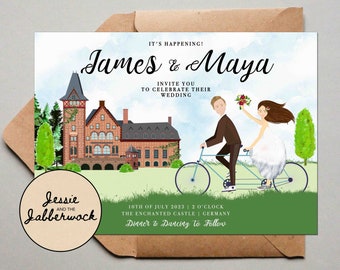 Personalised Couple Tandem & Wedding Venue Illustration Wedding Invites, Custom portrait drawing invitation, Personalized Save the Date