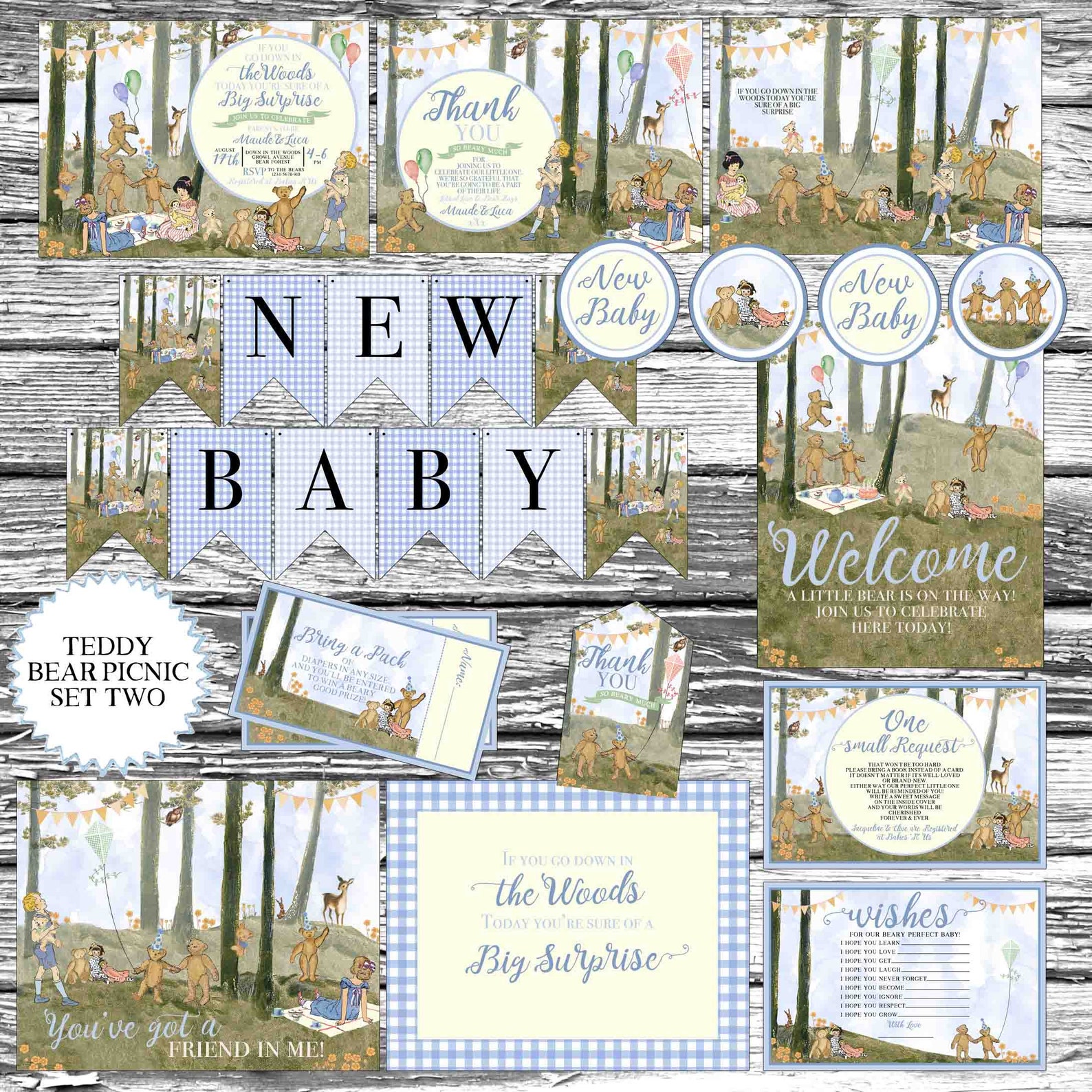Vintage Teddy Bear Picnic Baby Shower Invitations Baby Blue Etsy