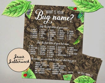 What's your Bug Name? Printable, Instant download Creepy Crawlies Party Game, Mini Beast Birthday Party, Insect Leaf Name Tent Labels