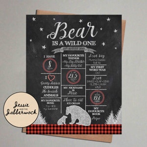 Lumberjack Milestone Chalkboard, Buffalo Plaid WILD ONE Birthday Memory Poster image 1