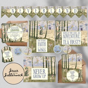 May include: A set of printable party decorations for a Peter Pan themed party. The decorations include a banner that says "Neverland", invitations with a Peter Pan illustration, and tags that say "Thank You", "Peter", and "1st".
