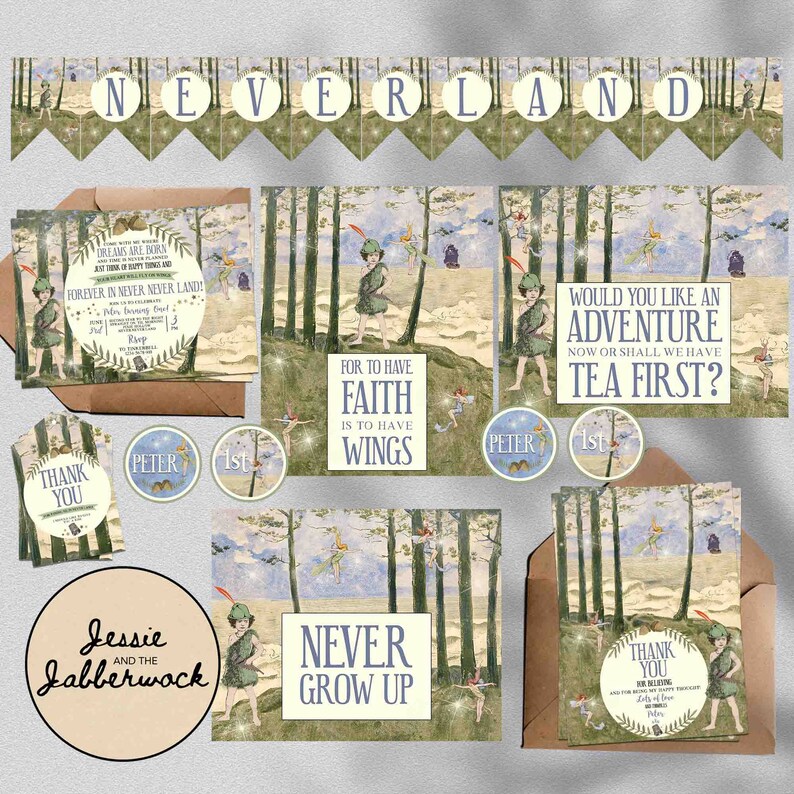May include: A set of printable party decorations for a Peter Pan themed party. The decorations include a banner that says "Neverland", invitations with a Peter Pan illustration, and tags that say "Thank You", "Peter", and "1st".
