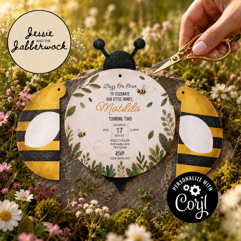 May include: A bee-shaped invitation card featuring yellow and black striped wings and a central circular panel with green foliage, small bee illustrations, and text reading Buzz On Over To Celebrate Our Little Honey, Matilda, Turning Two.