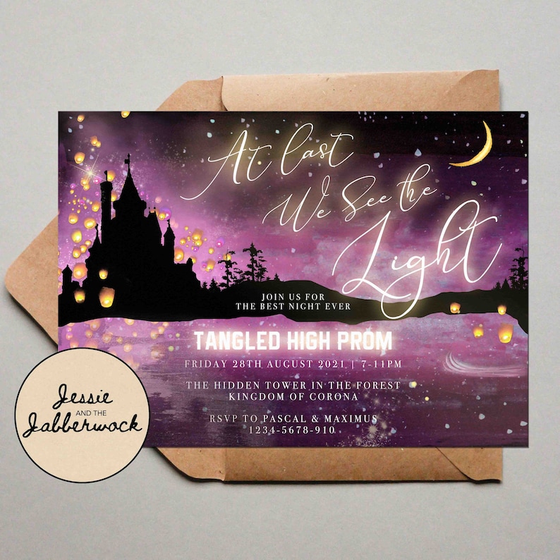 May include: Purple and black invitation with a silhouette of a castle and lanterns. The text reads "At last we see the light" and "Tangled High Prom".
