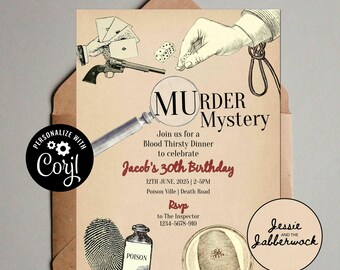 Murder Mystery Party Invitation | Whodunit Escape Room Invite | Halloween Invitation | CLUE party template | Edit yourself | Investigation