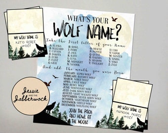 What&#39;s your Wolf Name? Printable, Instant download Party Game, Howling Wolf Birthday Party, Wolves Name Tent Labels