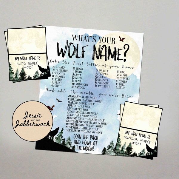 What's your Wolf Name? Printable, Instant download Party Game, Howling Wolf Birthday Party, Wolves Name Tent Labels