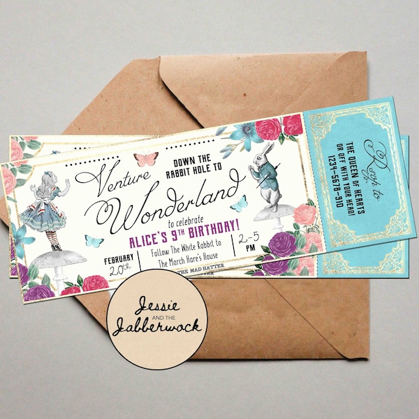 Wonderland Invitation | Mad Hatter's Tea Party invite Ticket | Down the Rabbit hole | Alice in Wonderland Birthday | Onederland