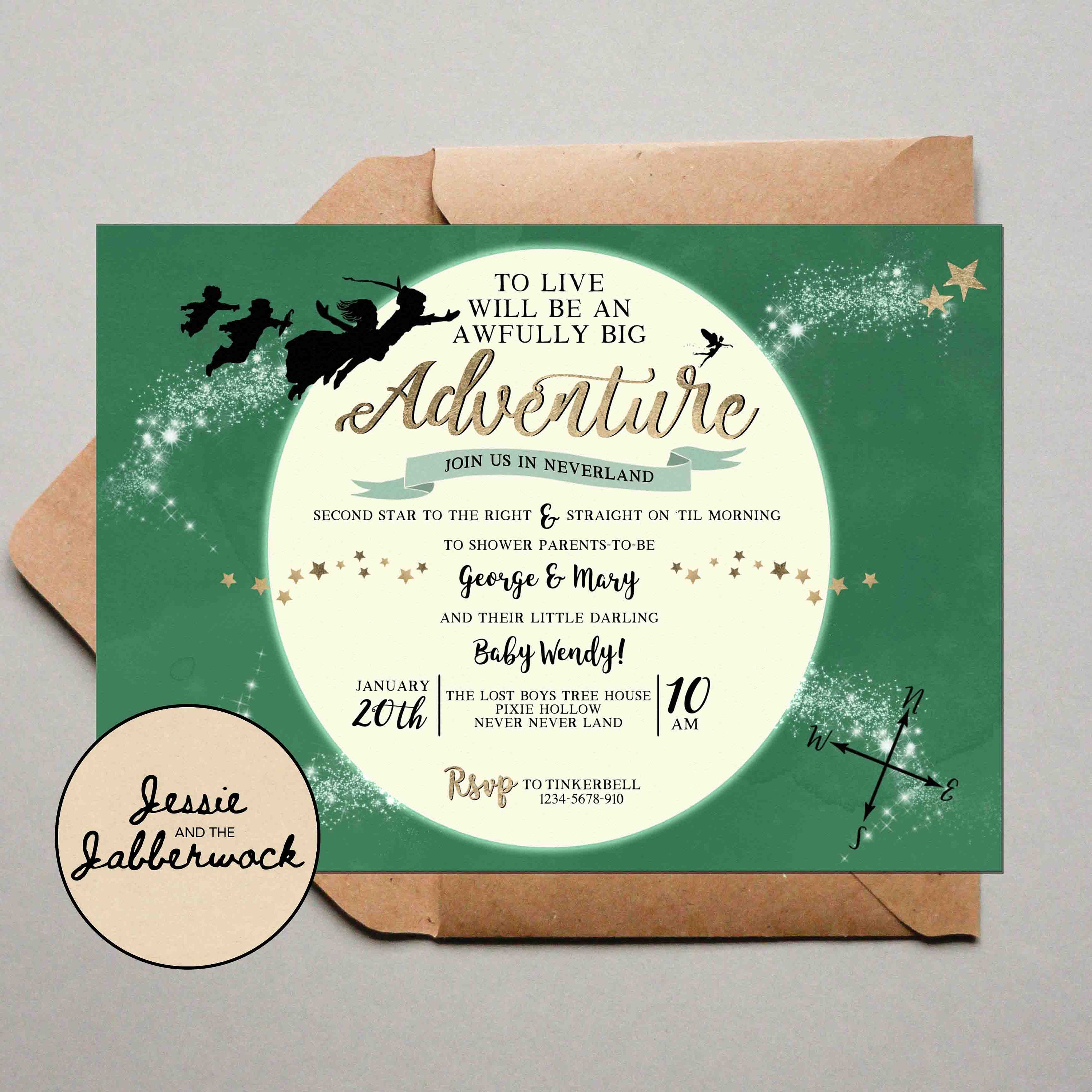 Neverland Baby Shower Invitation, Peter Pan Tinkerbell Invite, to