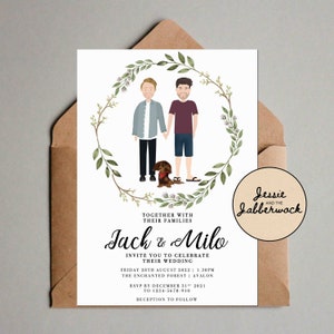 Personalised Couple and pet Illustration Wedding Invites, Custom portrait drawing invitation, Personalized Floral Save the Date, RSVP image 2