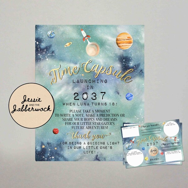 Time Capsule, Celestial Space Wish cards, Galaxy, Planets, Star gazer Memory Guestbook, 1st Birthday