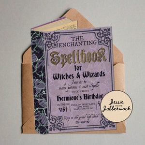 May include: Purple and green invitation for a Halloween party with the text "The Enchanting Spellbook for Witches & Wizards" and "Join us to make potions & cast spells to celebrate Hermione's Birthday". The invitation includes the date "October 31st" and the location "Trick or Treat Lane, Owl Road, Haunting Ville". The invitation also includes a round sticker with the text "Jessie and the Jabberwock".