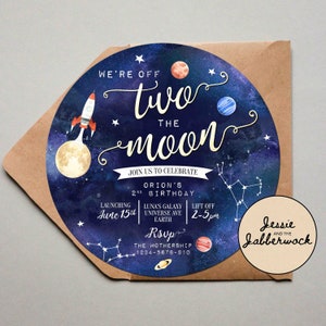 Two the Moon 2nd Birthday Invitation, Space, Round Planets Party Invite, Rocket Ship, Out of this world