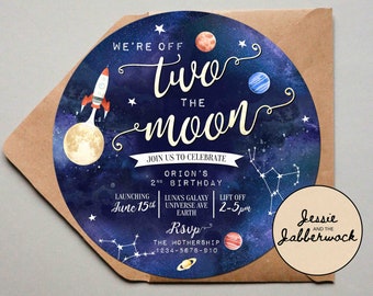 Two the Moon 2nd Birthday Invitation, Space, Round Planets Party Invite, Rocket Ship, Out of this world