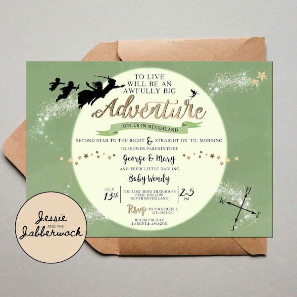 Neverland Baby Shower Invitation, Peter Pan tinkerbell Invite, To live will be an awfully big adventure party set