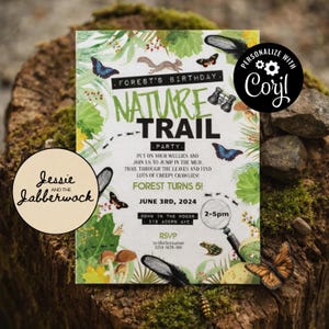 May include: A nature-themed birthday party invitation with the text "Nature Trail Party." The invitation features illustrations of butterflies, a squirrel, mushrooms, and a magnifying glass. The invitation includes the text "Forest Turns 5!" and the date June 3rd, 2024.