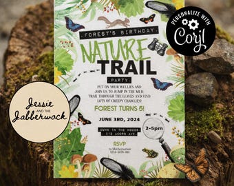 May include: A nature-themed birthday party invitation with the text "Nature Trail Party." The invitation features illustrations of butterflies, a squirrel, mushrooms, and a magnifying glass. The invitation includes the text "Forest Turns 5!" and the date June 3rd, 2024.