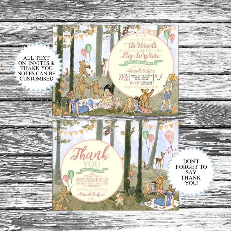 May include: A woodland themed thank you card with a pink and white circle in the center. The circle has the text "Thank You" and "So Beary Much" in a pink font. The card has a forest scene with trees, a deer, and teddy bears. The text "Don't forget to say thank you!" is in the bottom right corner.