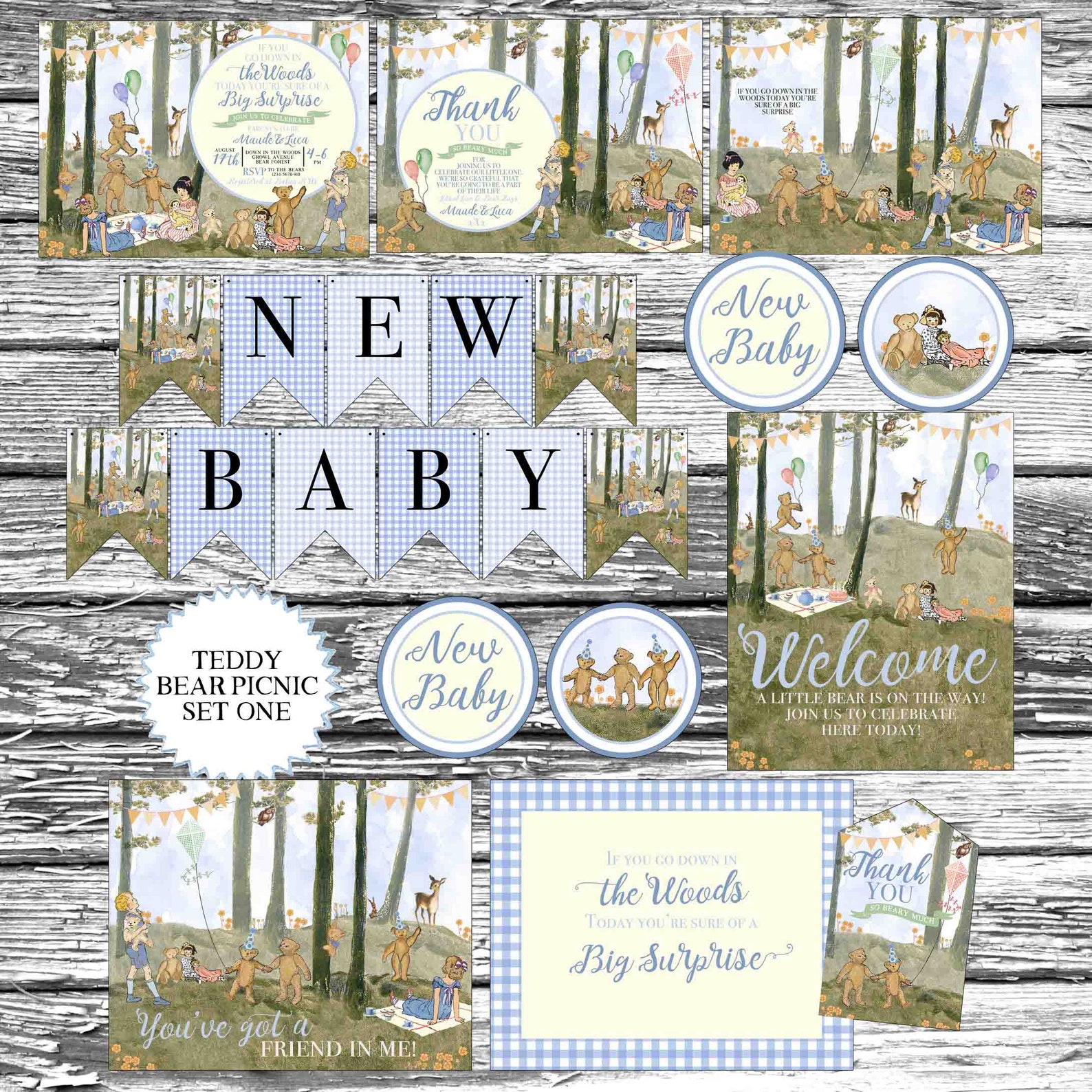 Vintage Teddy Bear Picnic Baby Shower Invitations Baby Blue Etsy UK