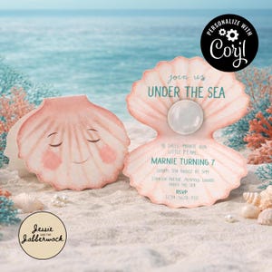 May include: A seashell-shaped invitation with a pearl, featuring the text "Join us Under the Sea" and event details. The invitation is light pink with a cartoon-style design, perfect for a birthday party.