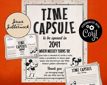 Vintage Mickey Mouse Time Capsule Templates | Classic Disney party | Birthday Memory Guestbook | Edit yourself Notecards | Steamboat Willie
