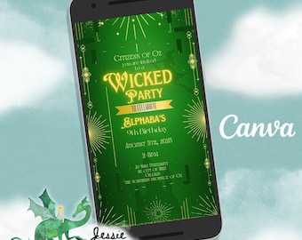 Wicked Invite | Emerald City Invite | Wizard of Oz party |  Over the rainbow Edit yourself Canva Phone template | Wicked Witch Emerald City
