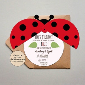 May include: A red and black ladybug birthday invitation with a white circle in the centre. The text on the invitation reads "Leo's Birthday, Our little jitterbug is turning three, Join us to celebrate Sunday 8 April, at Insect Avenue Ladybird Ville, from 2-6pm, RSVP to Katie 1234-5678-910".