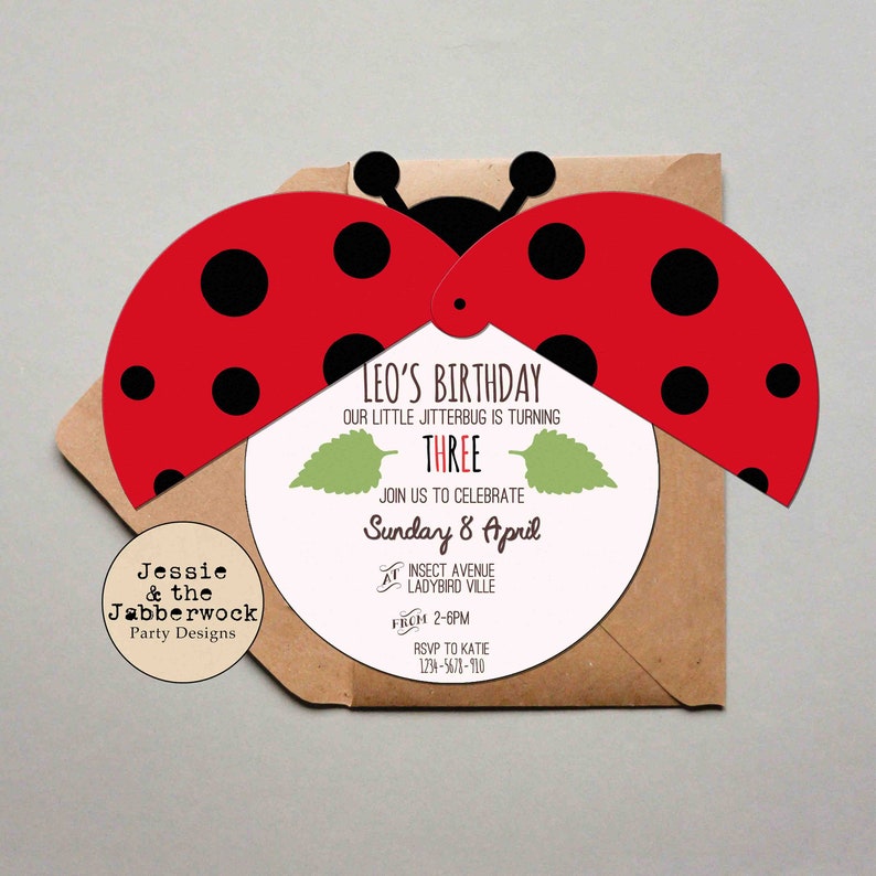 May include: A red and black ladybug birthday invitation with a white circle in the centre. The text on the invitation reads "Leo's Birthday, Our little jitterbug is turning three, Join us to celebrate Sunday 8 April, at Insect Avenue Ladybird Ville, from 2-6pm, RSVP to Katie 1234-5678-910".