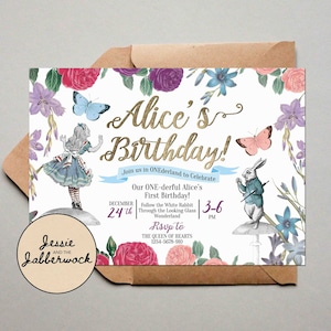 Alice floreale in ONEderland Invitation. ONEderful Rustic First Birthday Party, Mad hatter Tea party invita. Giù per il foro del coniglio