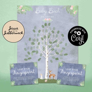 May include: A baby shower guest book featuring a birch tree design with green leaf fingerprints. The words "Baby Birch" and "16th August 2023" are at the top. Two cards read "Leaf Your Fingerprint". A deer and rabbit are at the bottom.