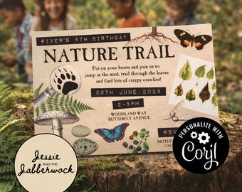 May include: A tan-colored invitation for a nature-themed birthday party. The invitation includes illustrations of a paw print, mushroom, butterfly, and leaves. Text on the invitation reads "Nature Trail" and "20th June, 2025". The invitation is personalized with Corjl.