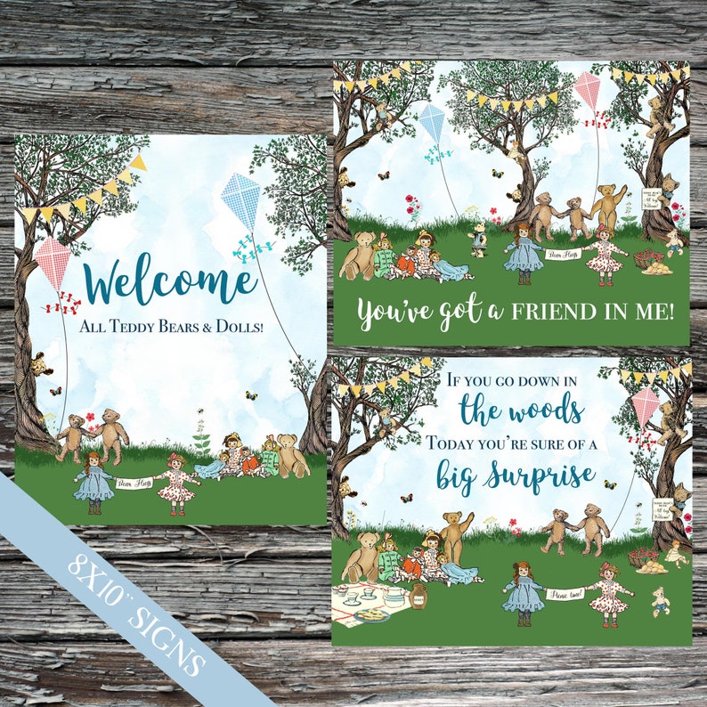 Teddy Bear Picnic Invitation, If you go down in the woods today you're sure of a big surprise invite, Dolly and toys party 3 8x10" Signs Only