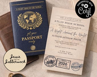 Modèle d'invitation de passeport pour bal de promo, invitation pour une carte d'embarquement, bal de promo Une nuit autour du monde, invitation sur le thème du voyage, modèle Corjl modifiable