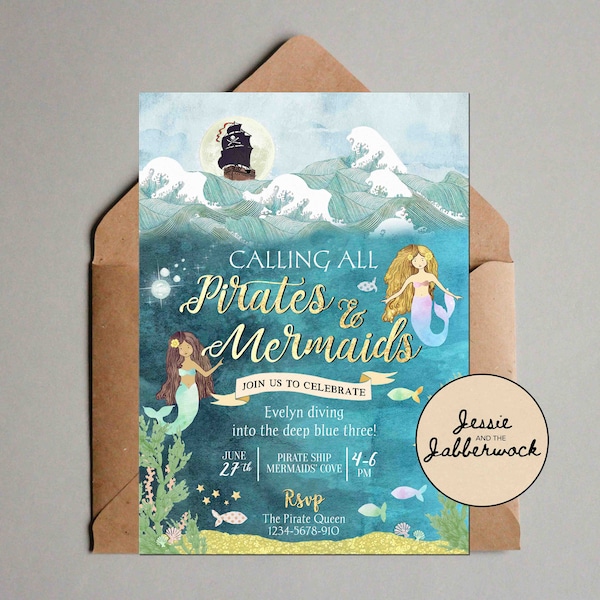 Pirates and Mermaids Invite, Ahoy ye Mateys! Pirates Birthday Invitation, Treasure Hunt party, Under the sea Party | Ocean Birthday | Joint