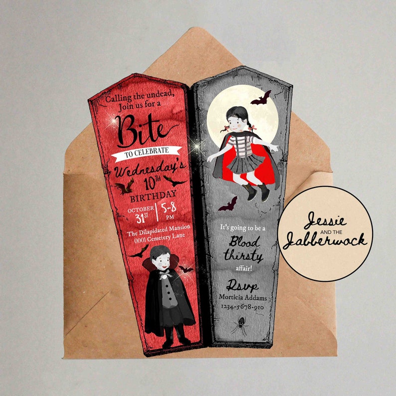 May include: A red and black Halloween party invitation with a coffin-shaped design. The invitation features a vampire and a girl dressed as a vampire. The text on the invitation reads "Calling the undead, Join us for a Bite to celebrate Wednesday's 10th Birthday, October 31st, 5-8 PM, The Dilapidated Mansion, 0001 Cemetery Lane. It's going to be a Blood thirsty affair! RSVP Morticia Addams 1234-5678-910. Jessie and the Jabberwock"