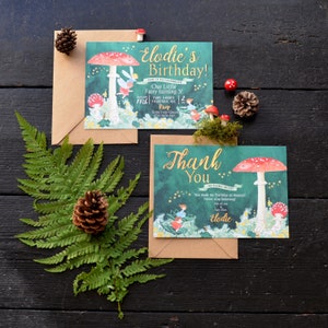May include: Two green fairy-themed cards with gold lettering. The first card is an invitation to a birthday party for a little fairy turning three. The second card is a thank you card with the text "Thank You" and "So Fairy Much".
