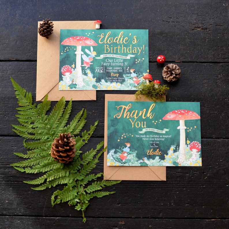 May include: Two green fairy-themed cards with gold lettering. The first card is an invitation to a birthday party for a little fairy turning three. The second card is a thank you card with the text "Thank You" and "So Fairy Much".